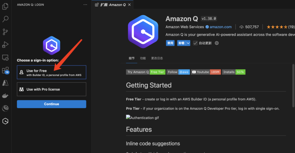 如何在 Visual Studio Code 中安装 Amazon Q 扩展？